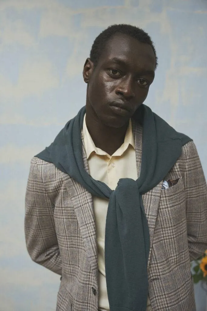 Graues Sakko mit kupfernem Karo aus Wolle/Seide — Monokel Berlin