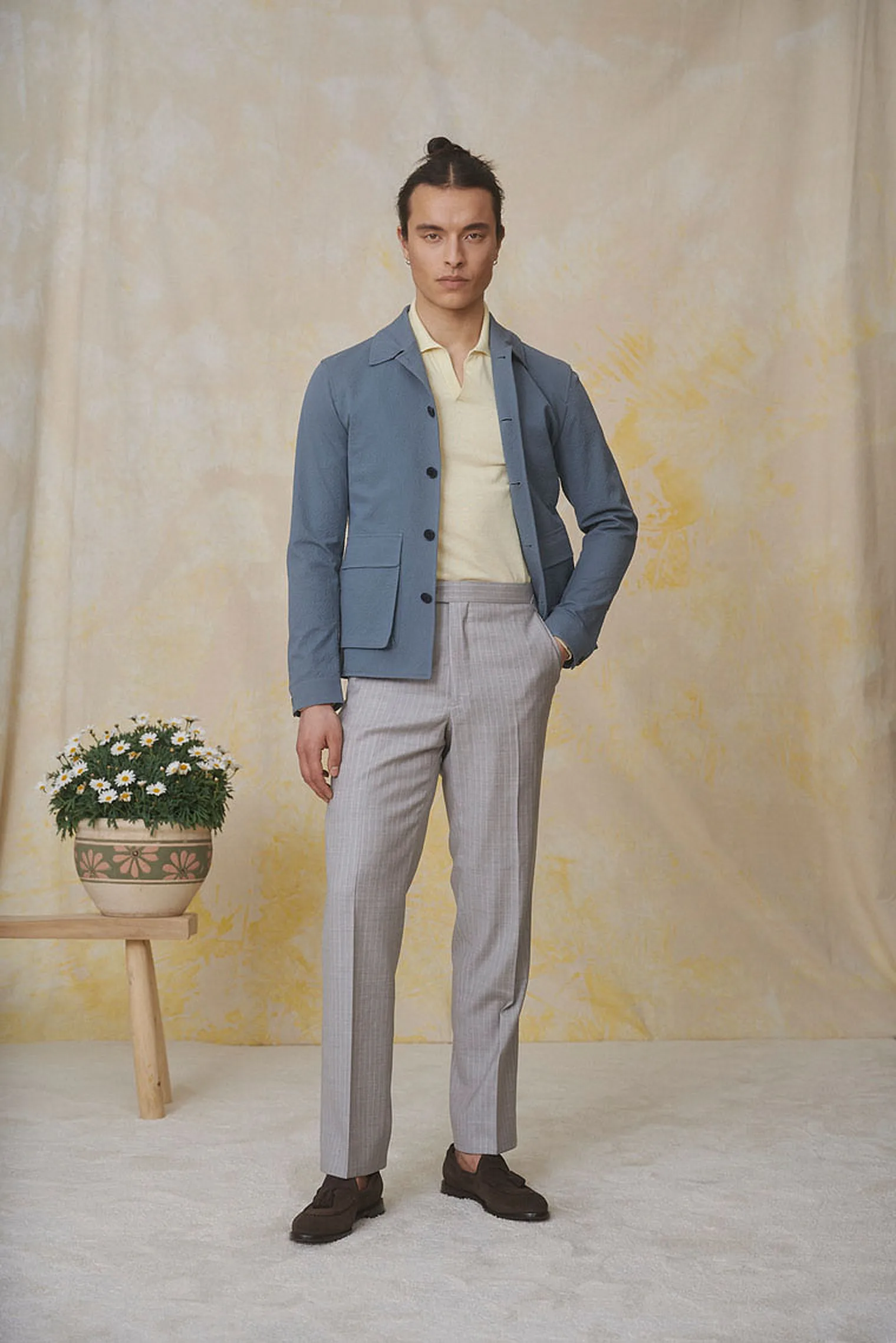 Hellgraue Streifenhose + Petrolfarbenes Seersucker Utility Jacket — Monokel Berlin