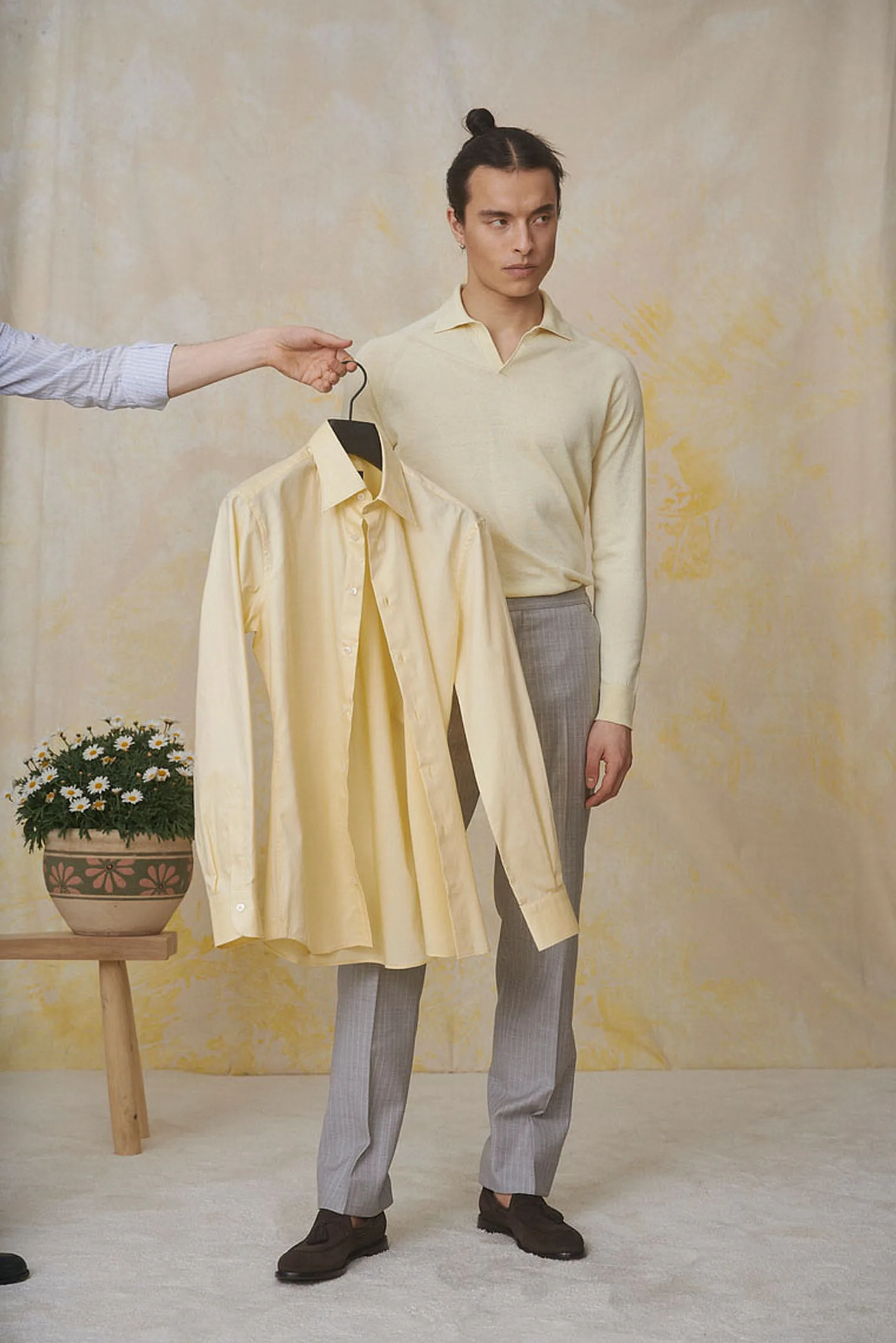 Hellgraue Streifenhose + Petrolfarbenes Seersucker Utility Jacket — Monokel Berlin