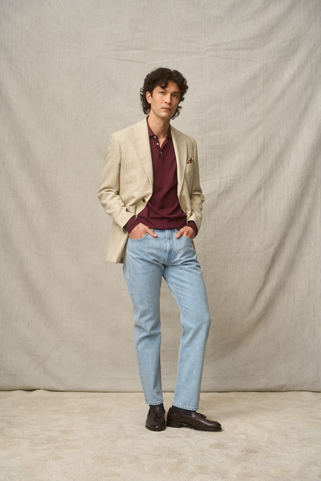 Ivory-Cream Glencheck Sakko mit Selvedge Denim, Ansicht 3