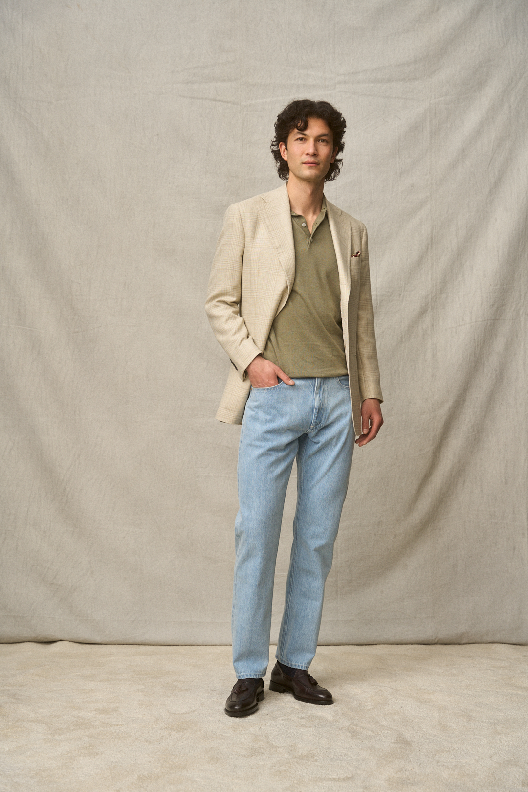 Ivory-Cream Glencheck Sakko mit Selvedge Denim, Ansicht 4