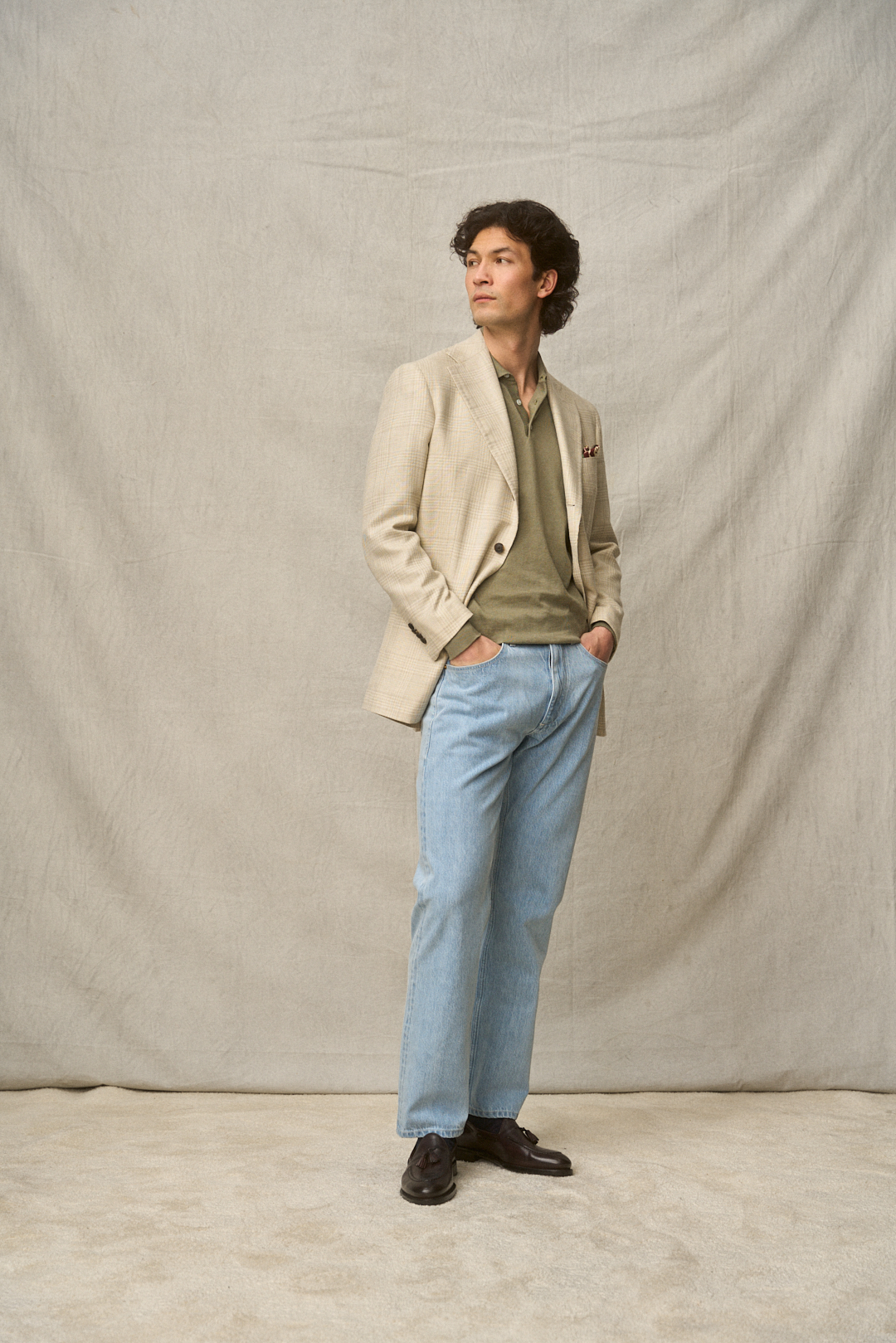 Ivory-Cream Glencheck Sakko mit Selvedge Denim, Ansicht 5