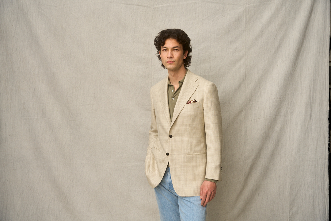 Ivory-Cream Glencheck Sakko mit Selvedge Denim, Ansicht 6