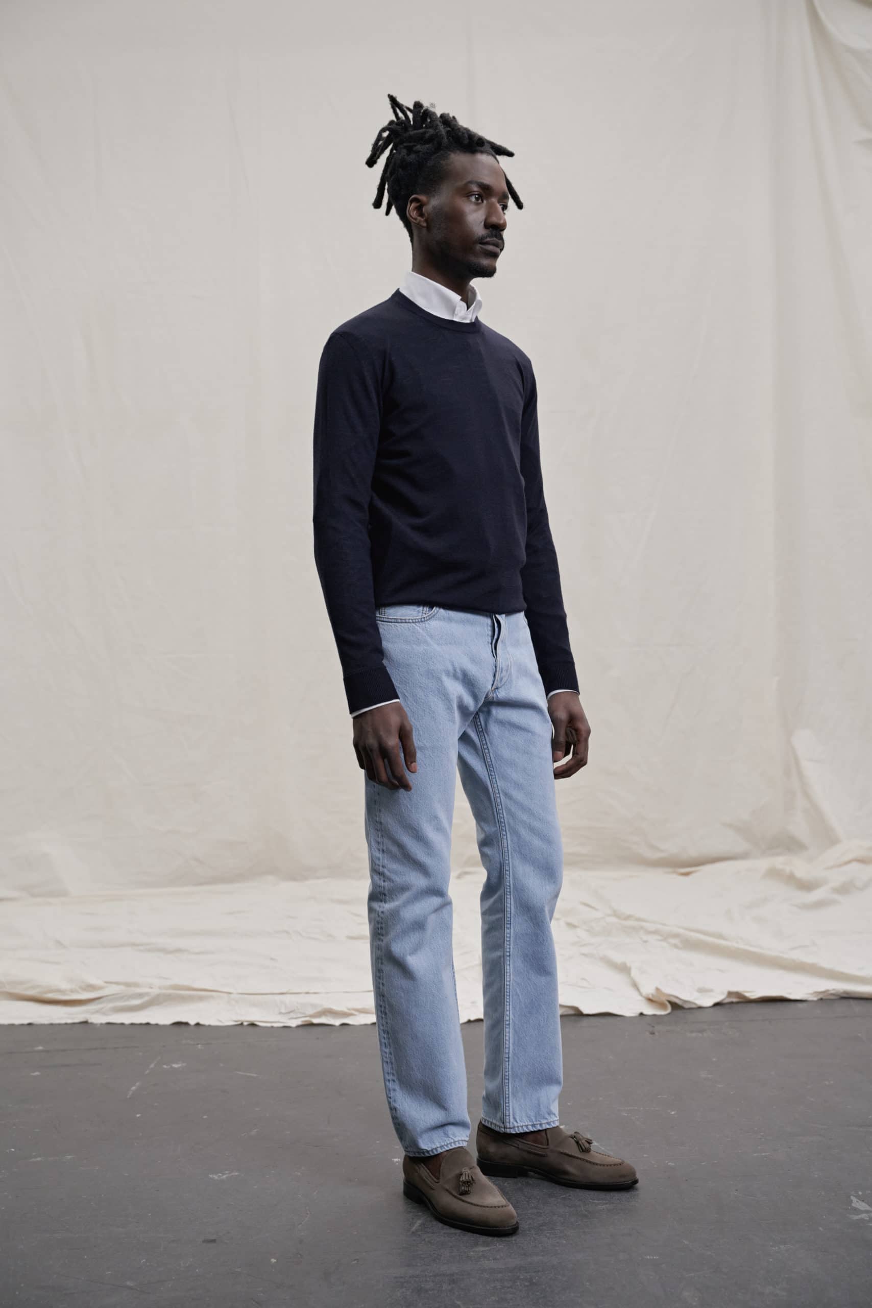 Maßjeans aus gewaschenem Selvedge Denim hellblau von Monokel Berlin